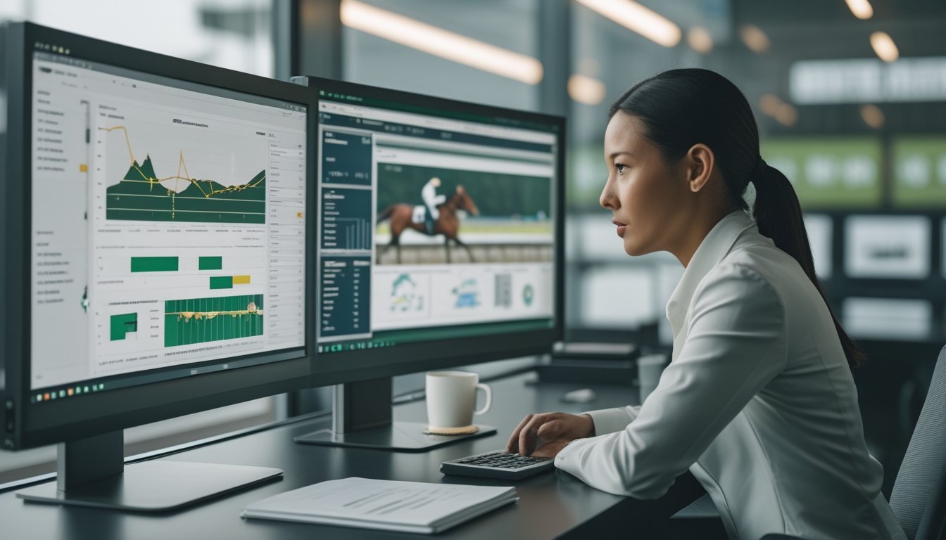 Seorang analis mempelajari data statistik balap kuda di depan dua monitor, dengan kuda dan joki tampak samar di latar belakang.