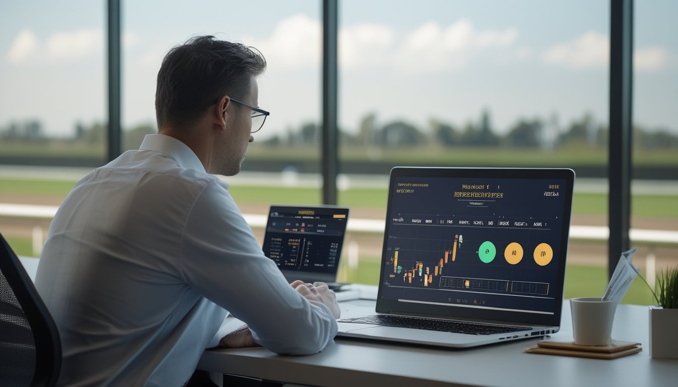 Seorang analis mempelajari data balap kuda di laptop dengan tiga kuda mendekati garis finis.