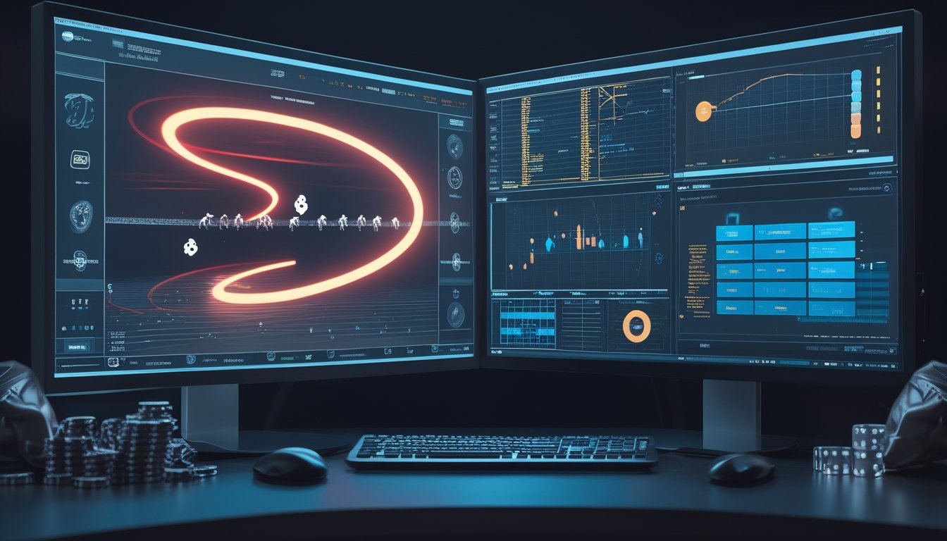 Monitor menampilkan simulasi balap kuda digital dengan grafik data dan elemen algoritma acak.