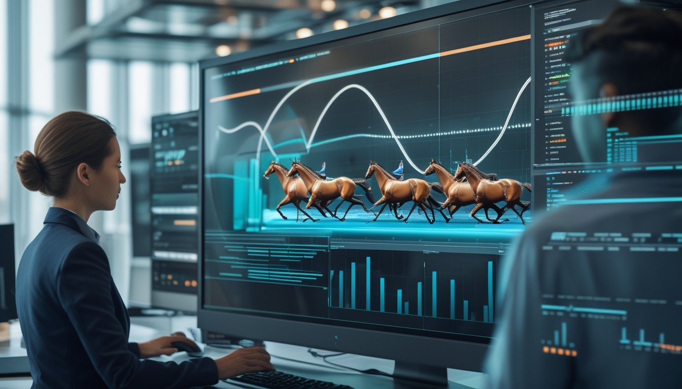 Analis memeriksa sistem balap kuda digital dengan visualisasi data algoritma pada layar komputer.