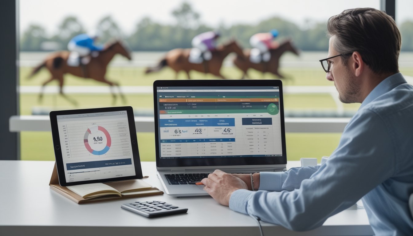 Seorang bettor meninjau informasi balap kuda di meja kerja dengan laptop, tablet, catatan, dan kalkulator, sementara lintasan balap terlihat di latar belakang.