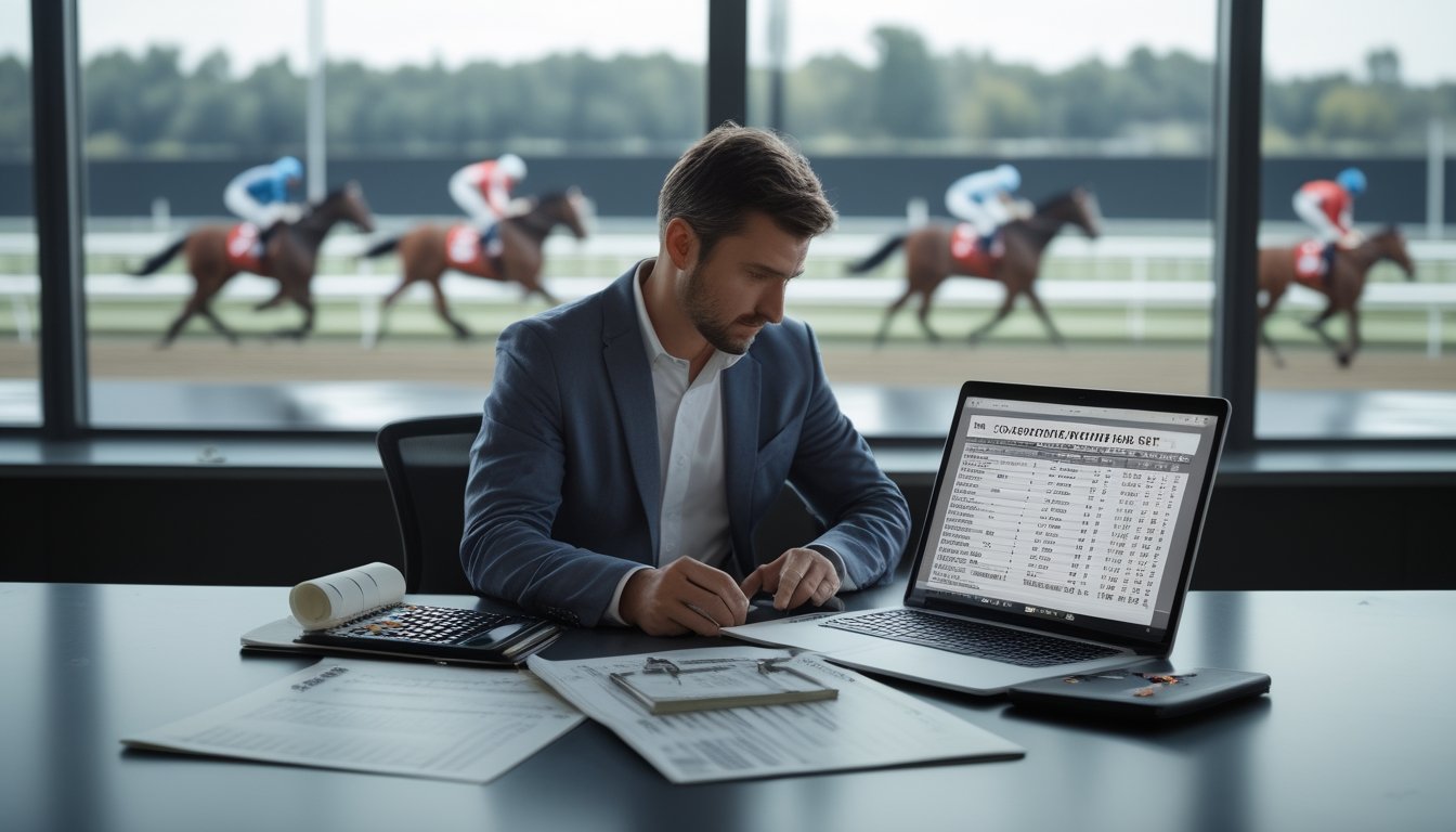 Seorang bettor memeriksa pilihan taruhan secara cermat di meja dengan laptop dan dokumen, sementara balapan kuda terlihat di latar belakang.