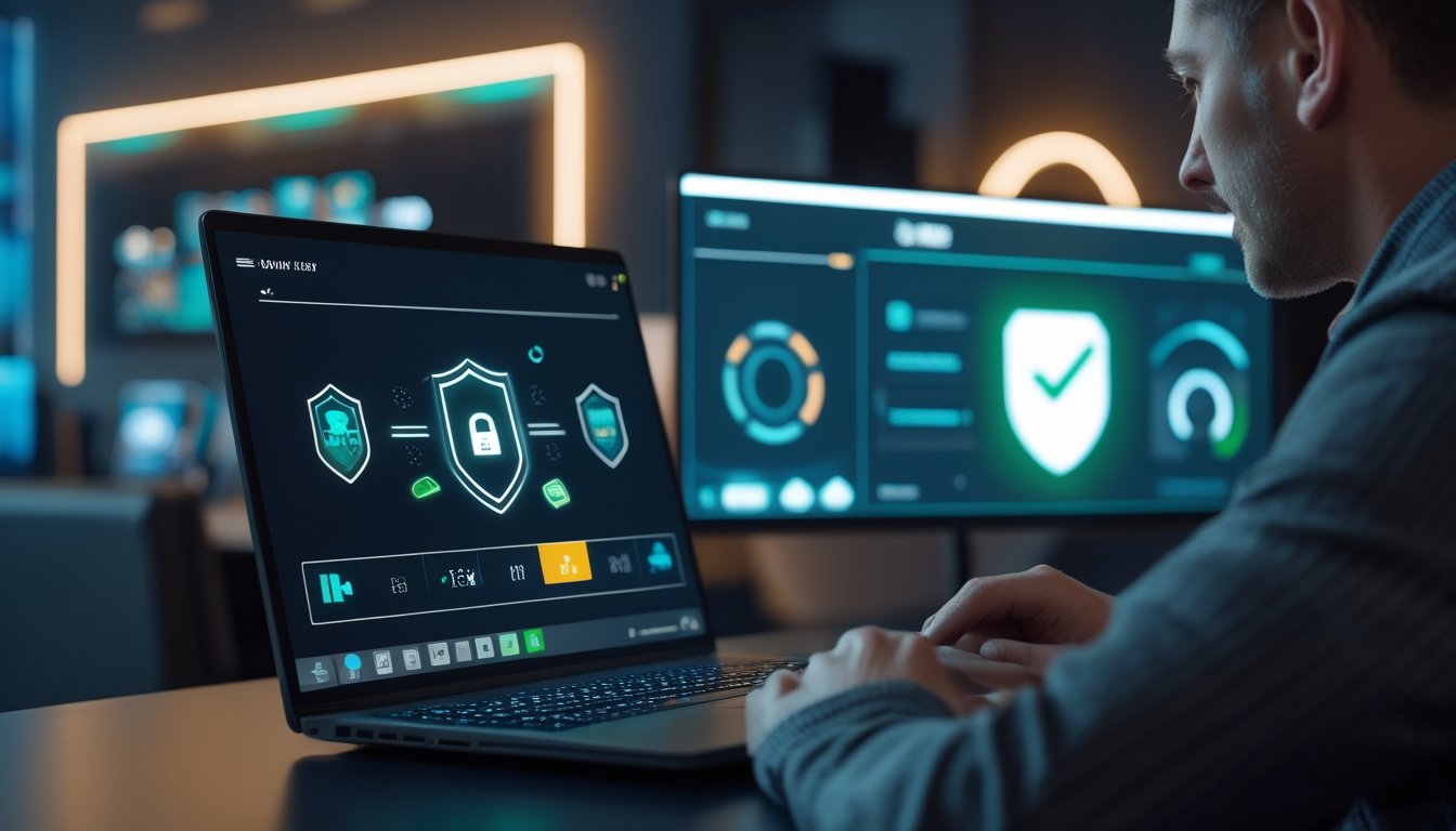 Seseorang meninjau permainan kartu digital di laptop dengan simbol keamanan dan verifikasi di ruang kerja modern.
