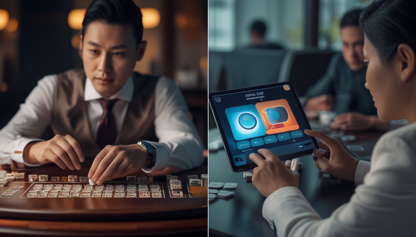Perbandingan suasana permainan ceme tradisional dengan penggunaan platform digital melalui perangkat tablet.