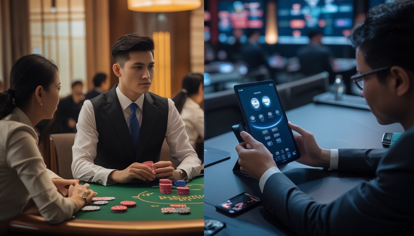 Perbandingan suasana permainan ceme tatap muka dengan permainan melalui platform digital.