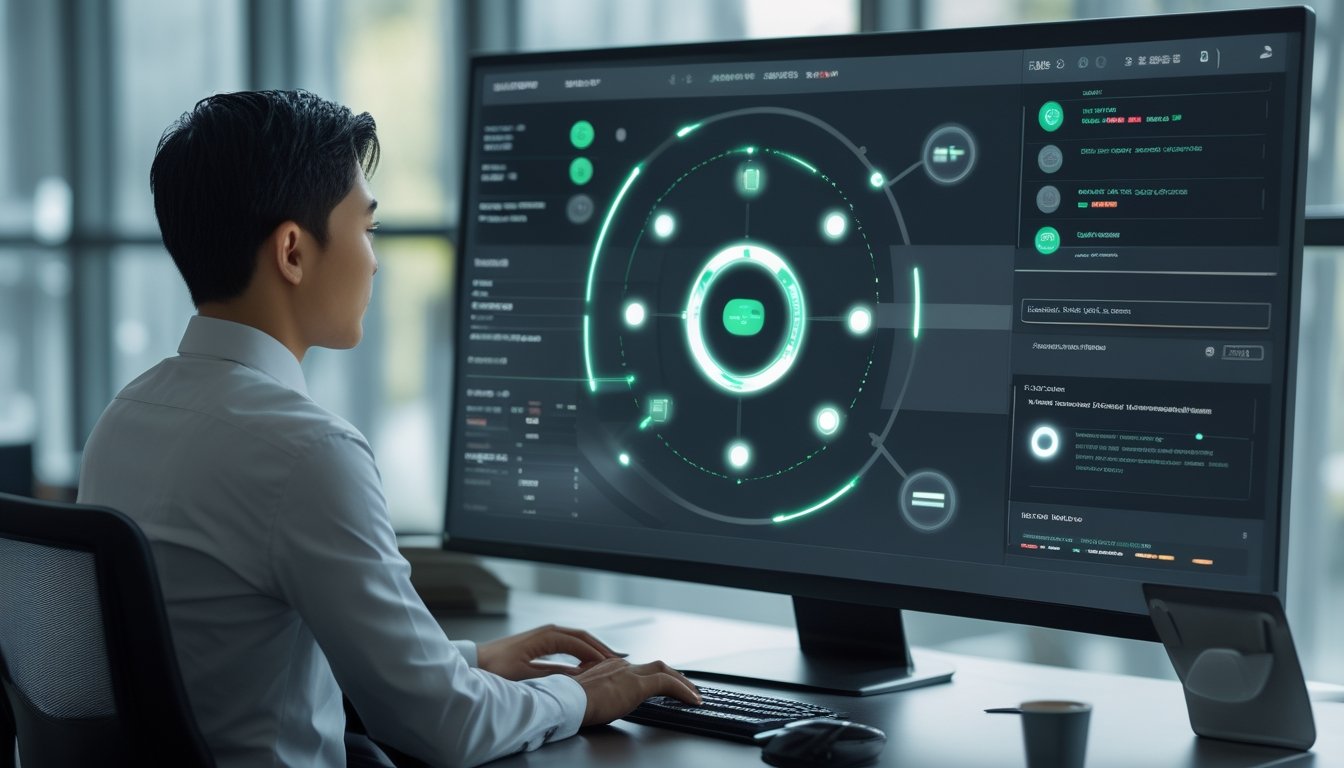 Seorang pengguna memantau dasbor digital dengan indikator otomatisasi dan status transaksi yang berhasil di kantor modern.