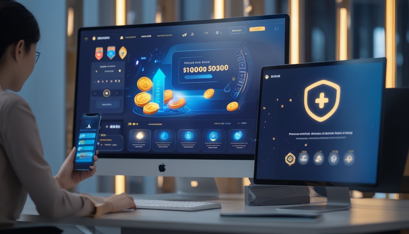 Seseorang menggunakan komputer dan ponsel dengan tampilan permainan digital modern di meja kerja.