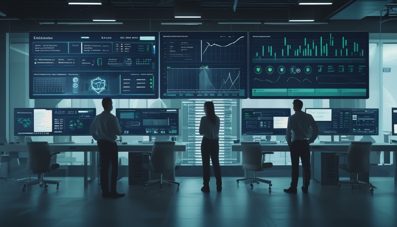 Tim keamanan siber menganalisis transaksi digital dan kinerja server di ruang kerja modern.