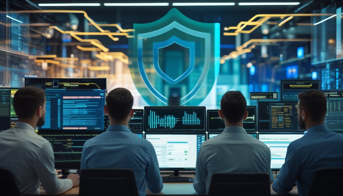 Tim analis keamanan memantau transaksi digital dan infrastruktur server yang terlindungi di ruang operasi teknologi.