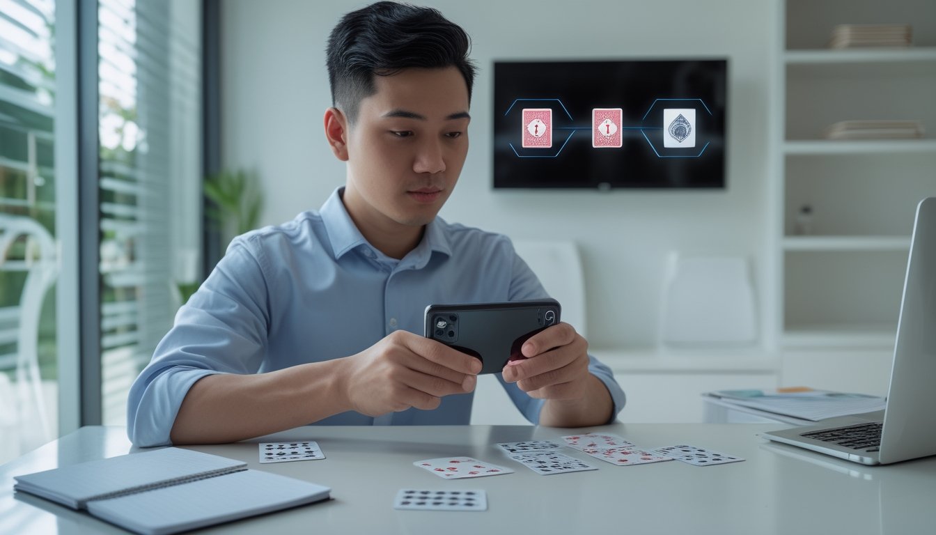 Seseorang memainkan permainan kartu digital di ponsel sambil duduk di meja dengan kartu dan buku catatan kosong.