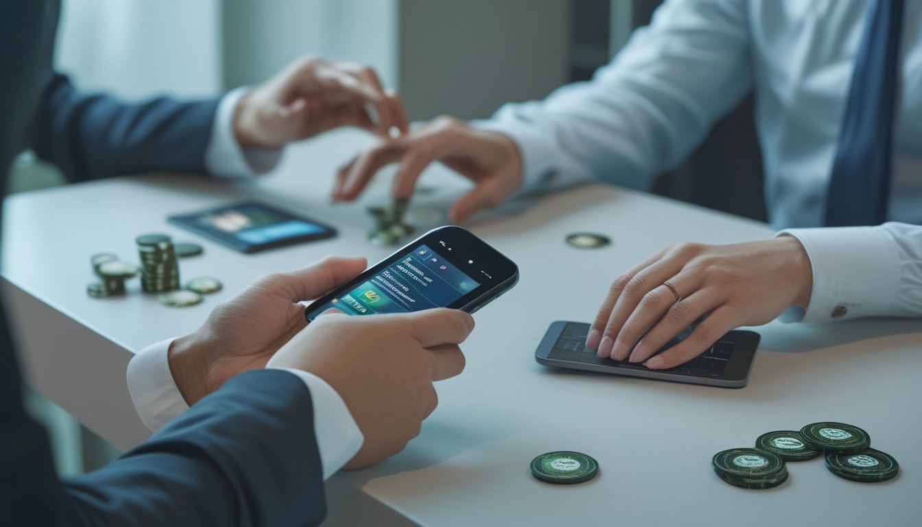 Seorang pemain mempelajari permainan kartu melalui smartphone di meja, dengan seorang dealer berada di latar belakang.