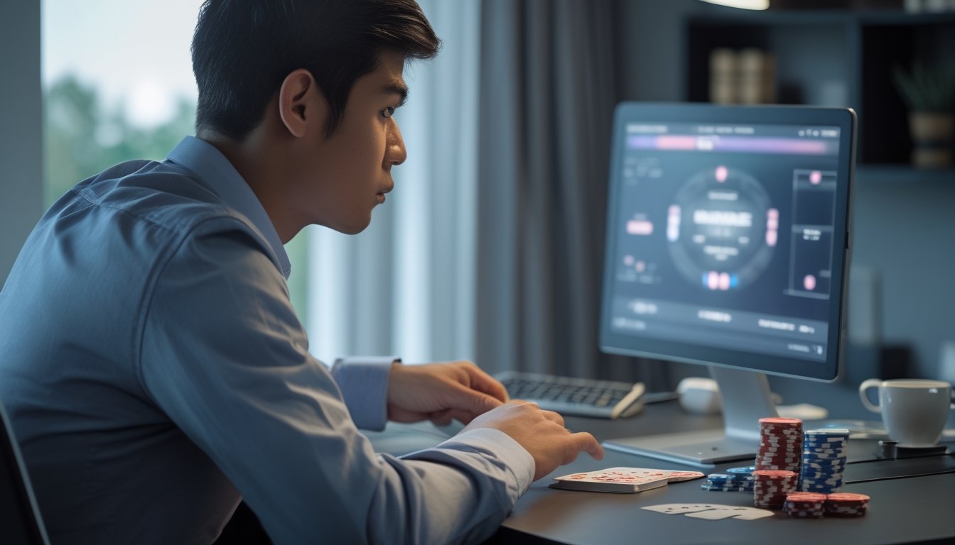 Seorang pemula tampak ragu mengelola permainan kartu digital di laptop dengan kartu dan chip di atas meja.