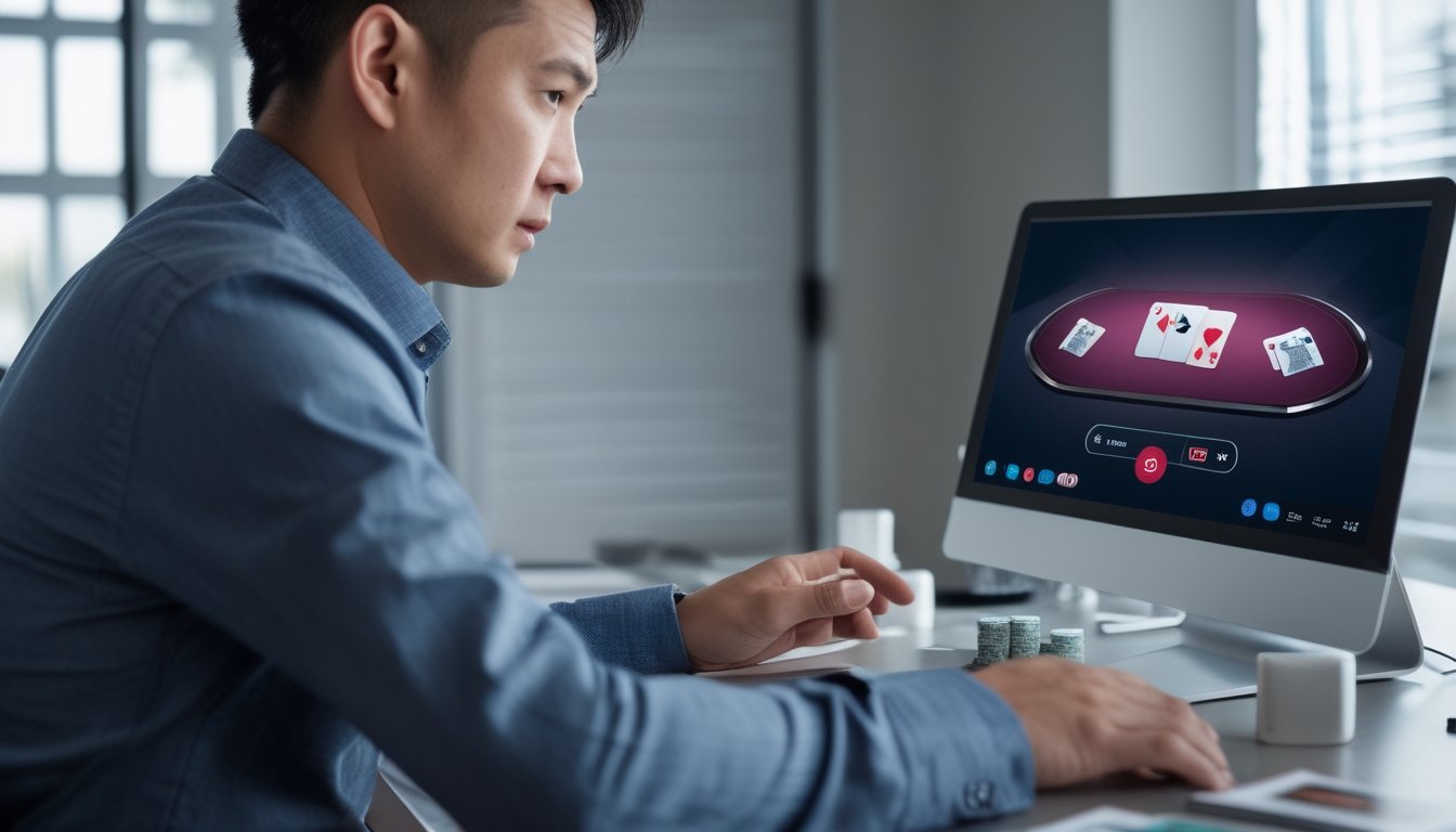 Seorang pemula tampak berkonsentrasi mengelola meja ceme online di depan komputer dengan kartu dan keping permainan di meja.