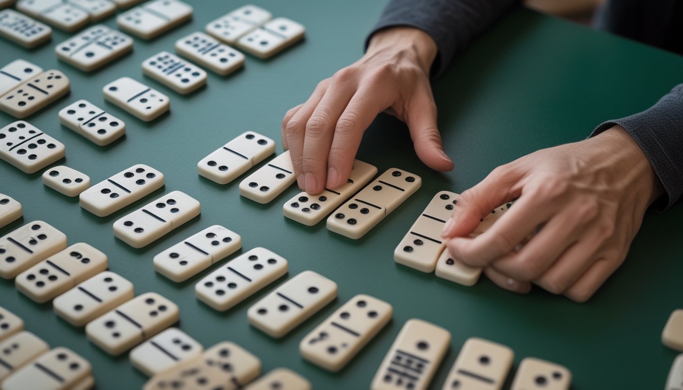 Tangan seseorang menyusun beberapa kartu domino dalam kombinasi rapi di atas meja permainan.