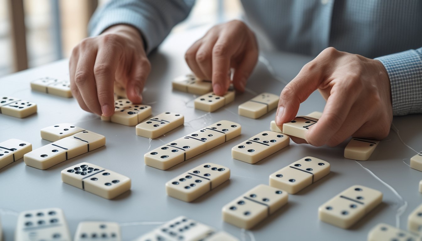 Tangan menyusun dan membandingkan beberapa kartu domino di atas meja.