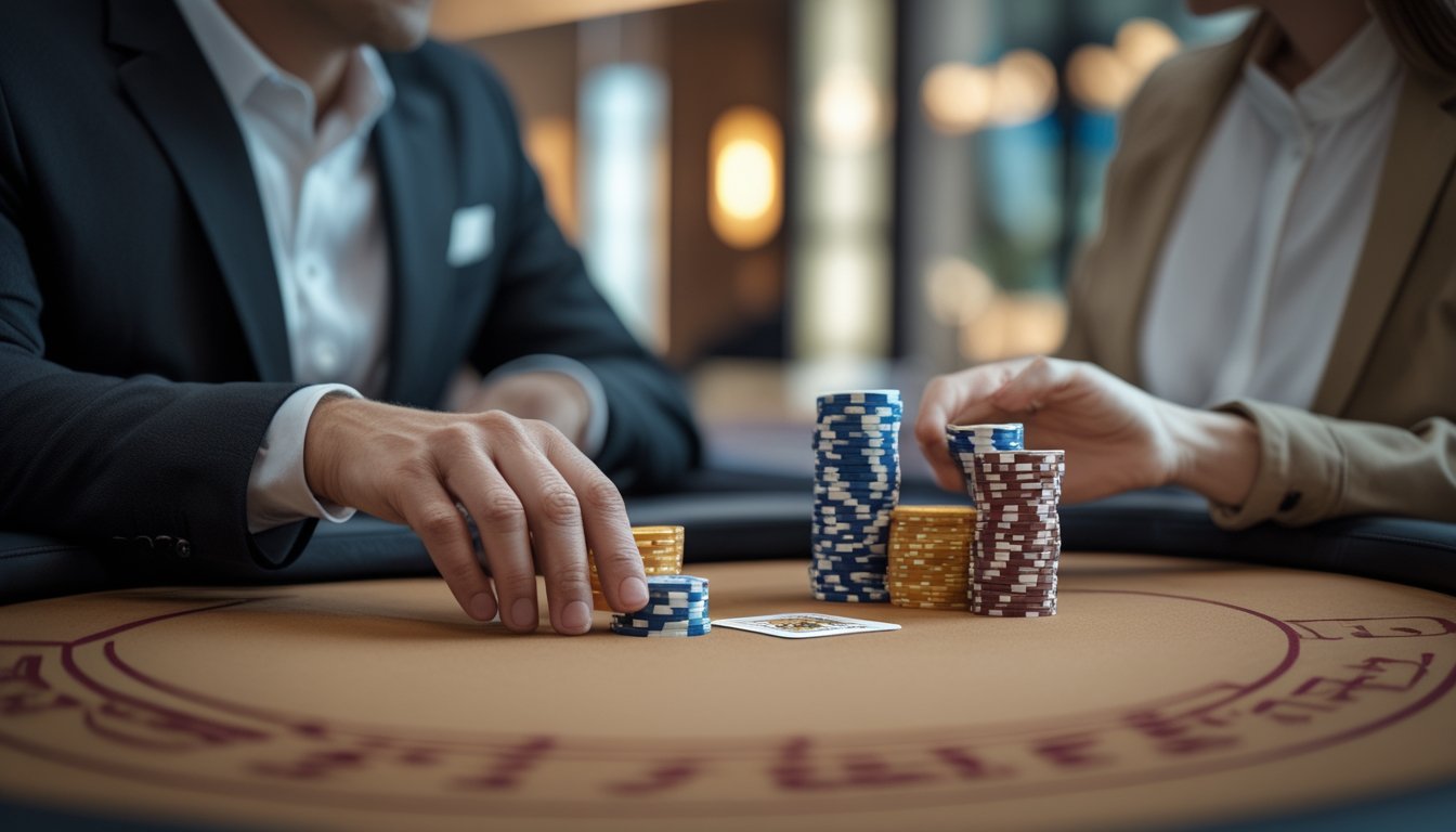 Seorang pemain duduk di meja ceme dengan setumpuk chip kecil, berhadapan dengan dealer yang ramah.