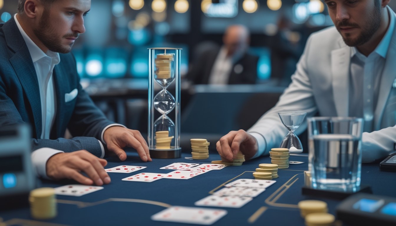 Seorang pemain mempelajari kartu dan tumpukan chip di meja permainan bersama dealer dalam suasana tenang dan fokus.