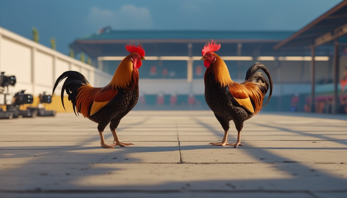 Dua ayam jantan berdiri terpisah di arena terbuka yang bersih dengan peralatan kamera siaran di latar belakang.