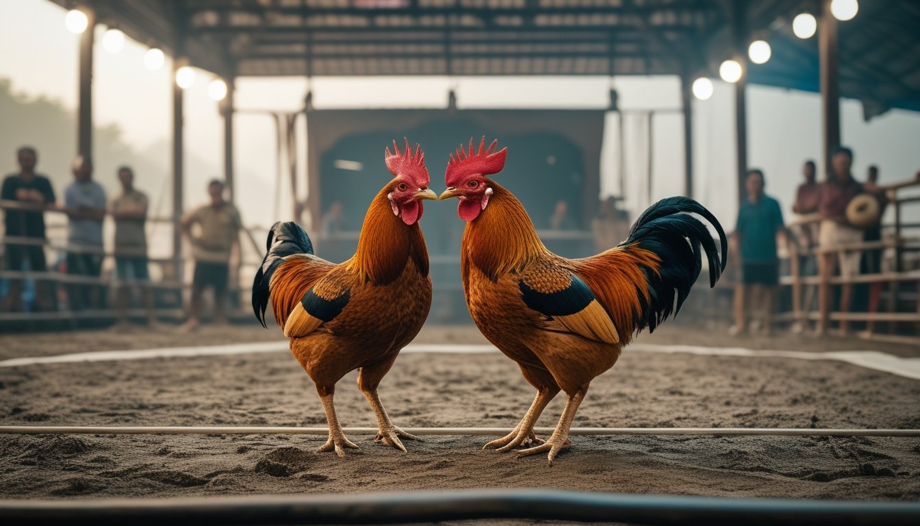 Suasana siaran langsung pertandingan sabung ayam di arena dengan kamera profesional dan penonton.