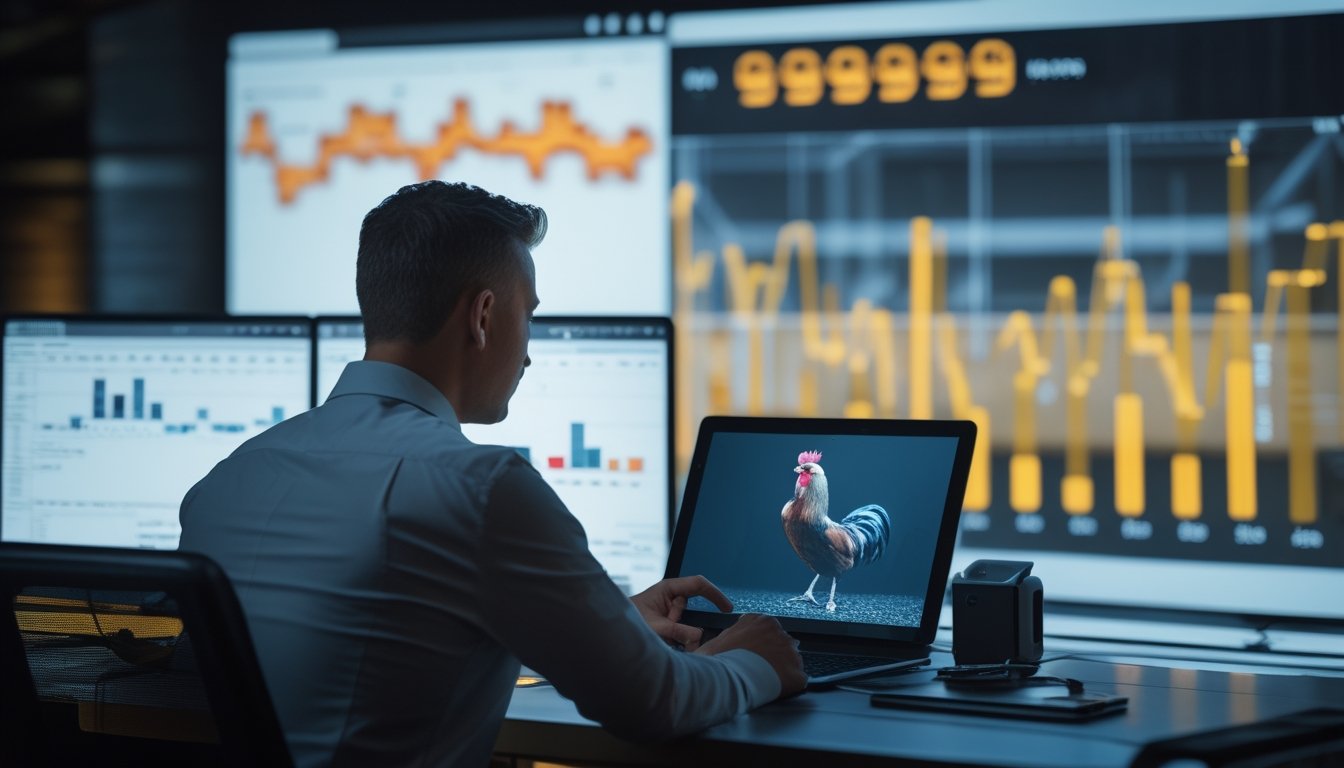 Seorang analis memantau grafik data digital secara real-time di ruang kerja modern, dengan siluet ayam jantan pada layar sekunder.