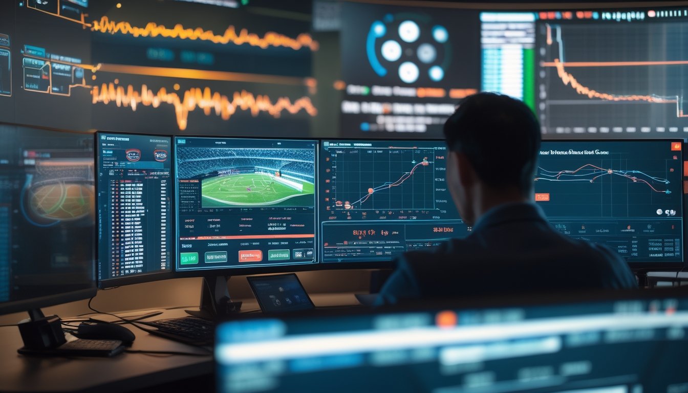 Analis memantau grafik data langsung dan arena sabung ayam virtual melalui beberapa layar.