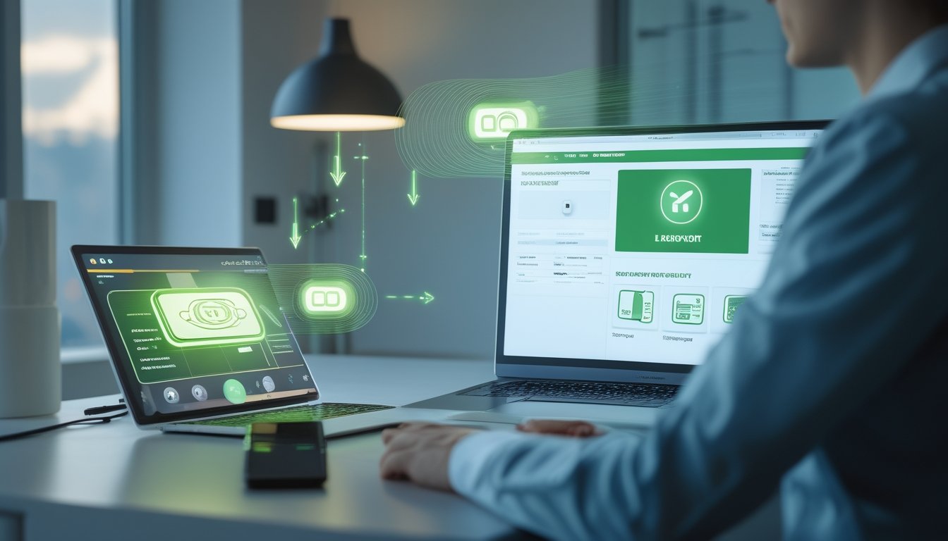 Laptop dan ponsel menampilkan ilustrasi abstrak alur deposit dan penarikan dana yang cepat.