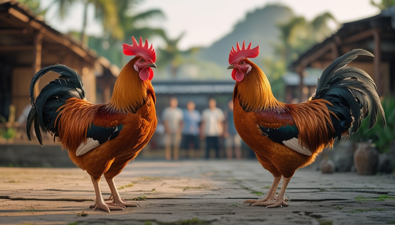 Dua ayam jantan berdiri di halaman desa tropis dengan beberapa orang mengamati dari kejauhan.