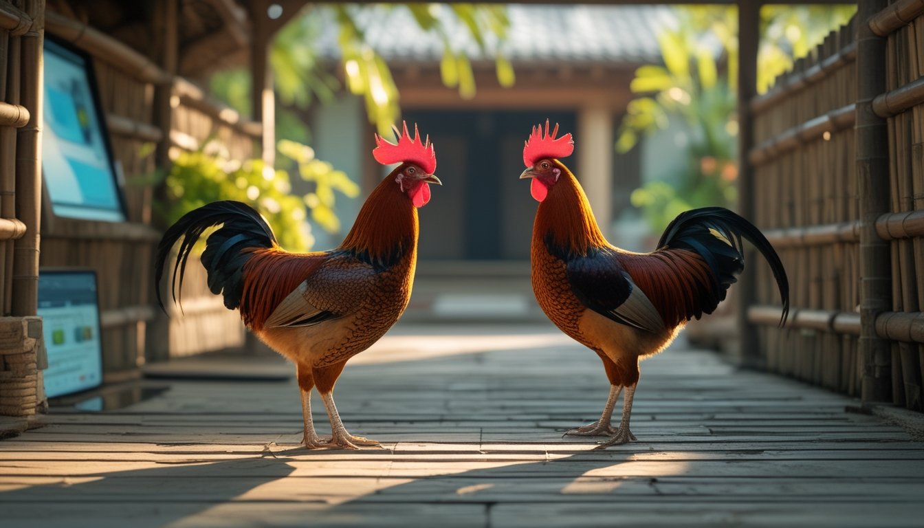 Dua ayam jantan berada di kandang bambu dalam suasana halaman tropis dengan perangkat digital di latar belakang.