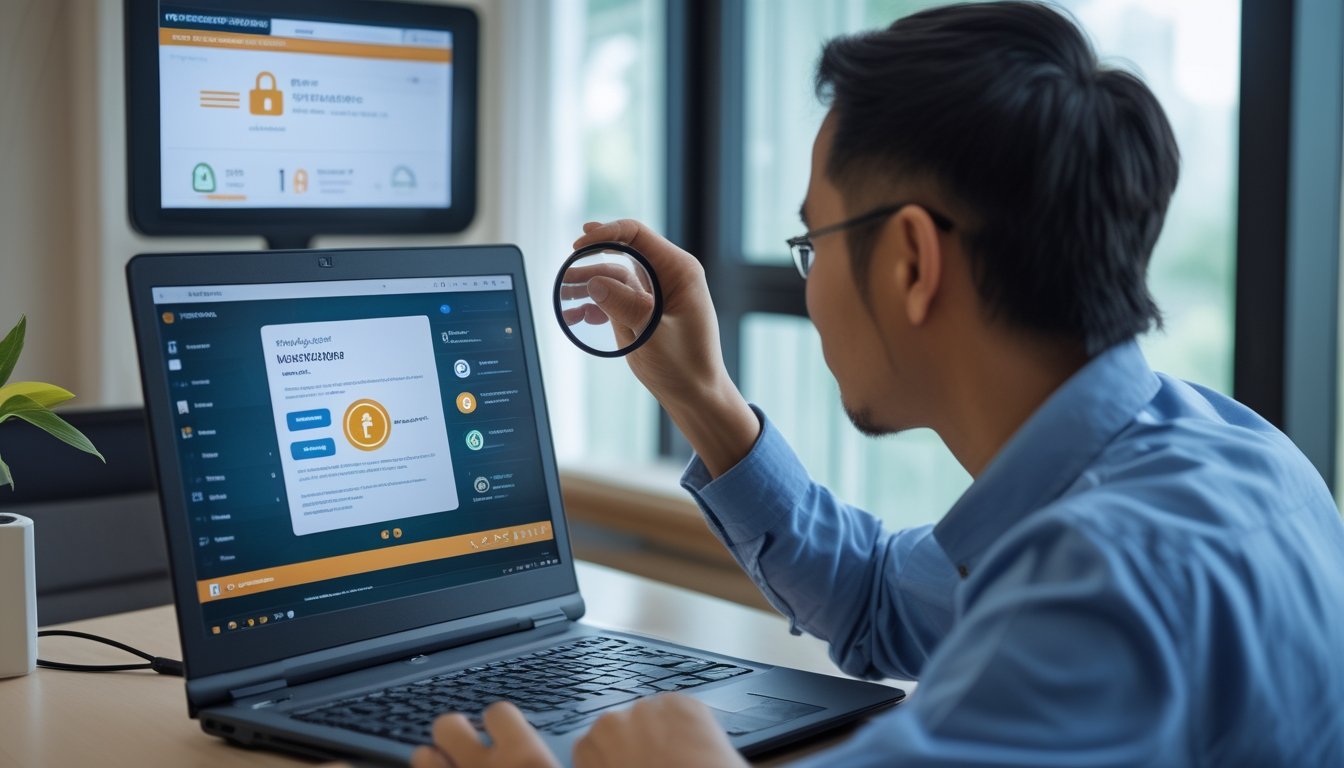 Pengguna memeriksa keamanan situs resmi melalui laptop dan ponsel di ruang kerja.