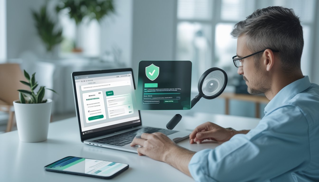 Seseorang memeriksa keamanan situs daring di laptop dengan simbol perisai dan gembok.