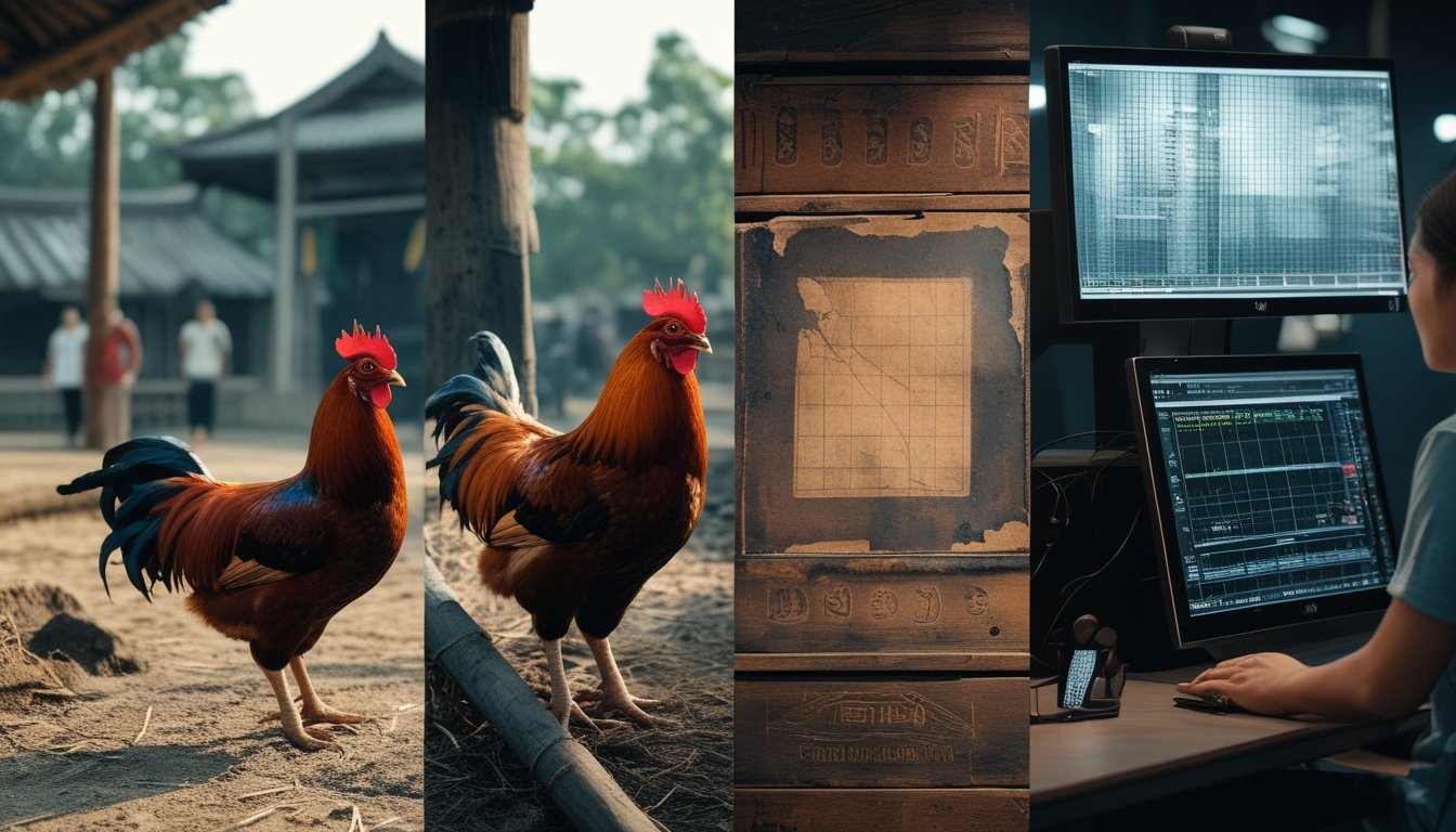 Kolase visual yang menunjukkan peralihan dari arena sabung ayam tradisional di pedesaan menuju platform digital modern.