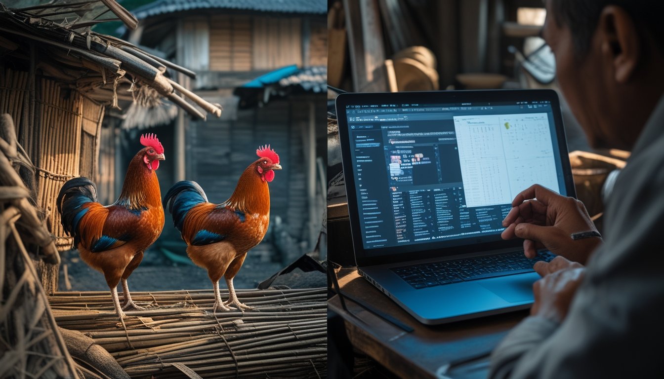 Adegan yang menggambarkan peralihan dari tradisi sabung ayam di lingkungan pedesaan ke arena digital melalui perangkat teknologi modern.