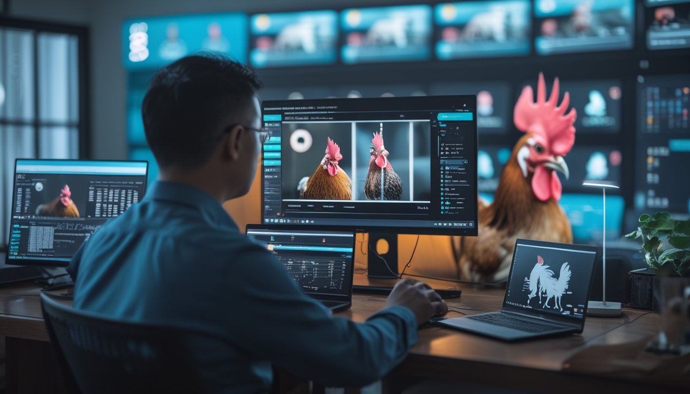 Pengguna melihat siaran olahraga digital di laptop dalam ruang kerja modern dengan elemen konektivitas teknologi dan siluet ayam jantan yang tenang.
