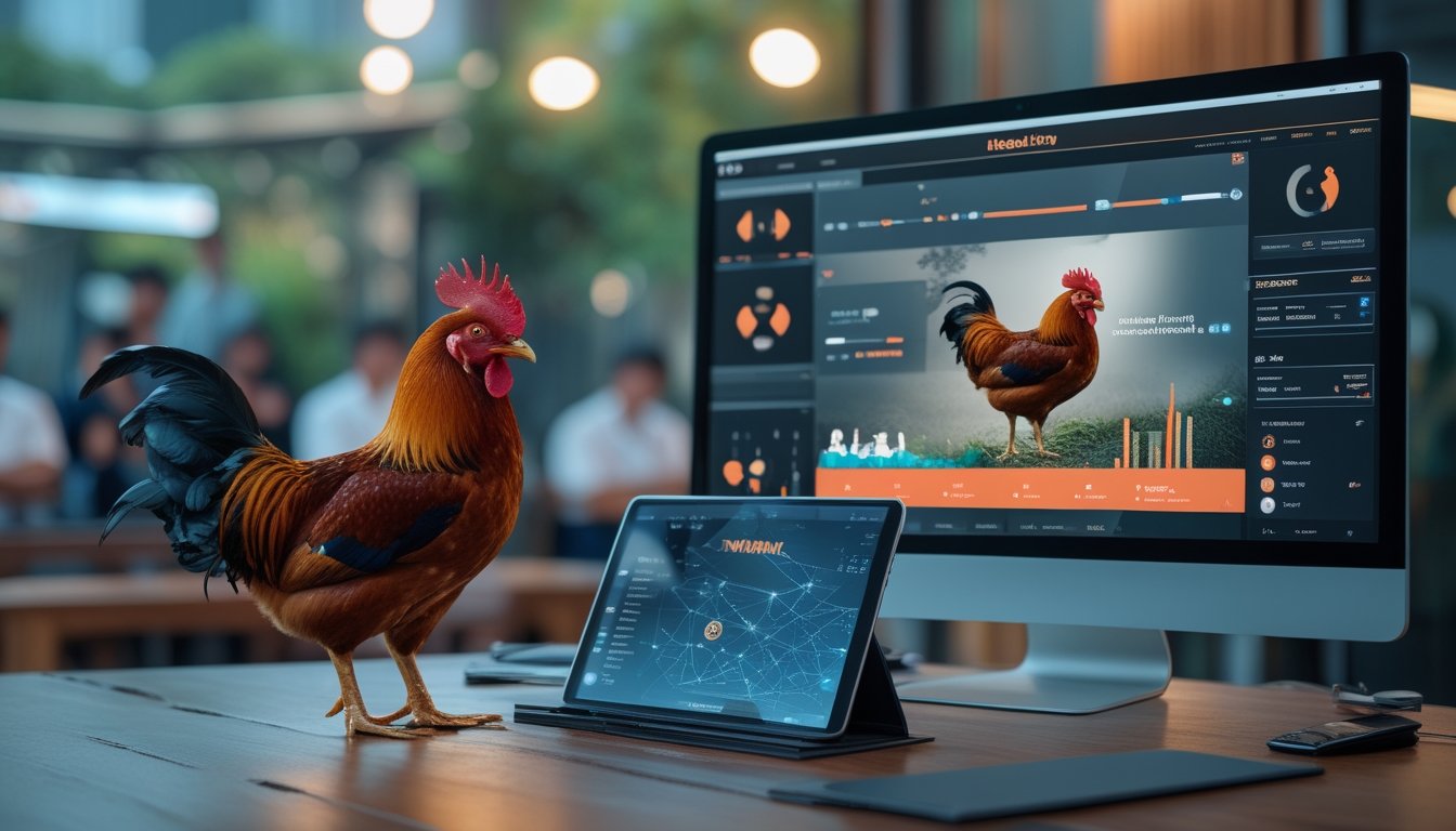 Seekor ayam jantan sehat berada di kandang aman sementara beberapa orang mengamati tampilan analitik digital pada perangkat modern.