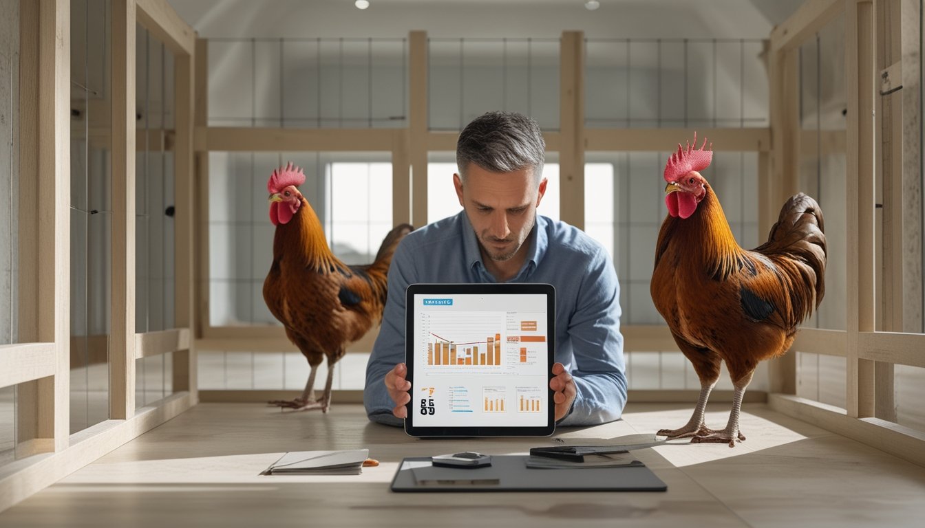 Dua ayam jantan berada di kandang terpisah sementara seseorang mempelajari tablet dan catatan di ruangan yang rapi.