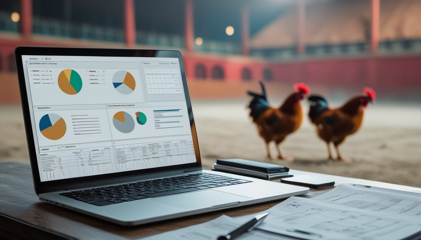 Meja analisis dengan laptop, grafik abstrak, dan perlengkapan pencatatan, dengan arena sabung ayam yang tampak samar di latar belakang.