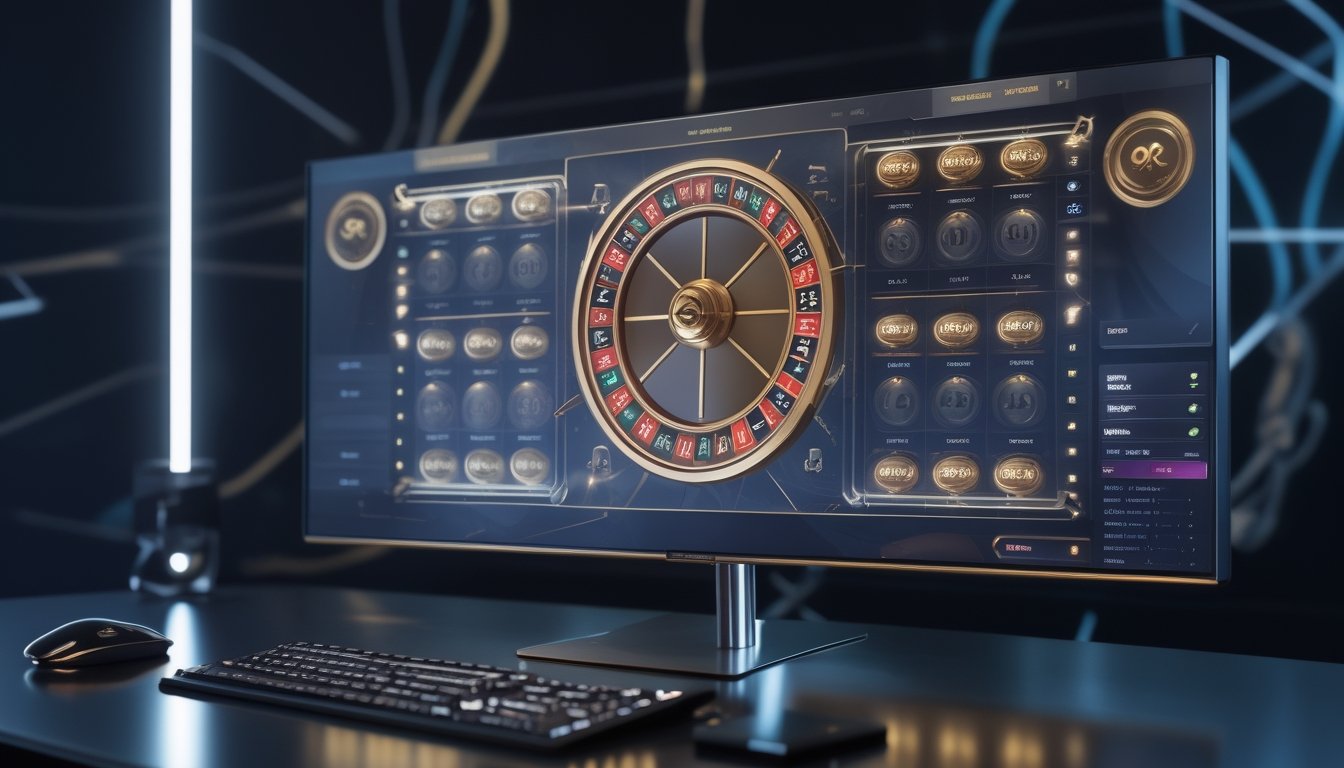Layar komputer menampilkan beberapa roda roulette digital dengan efek cahaya keemasan dalam suasana ruang modern.