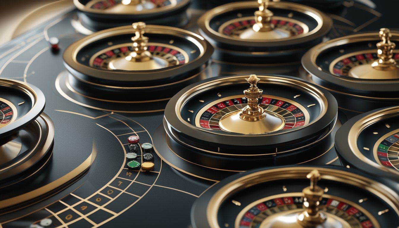 Beberapa roda roulette berputar di atas meja kasino dengan bola roulette dan pantulan cahaya keemasan.