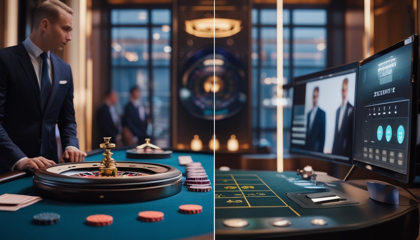 Suasana permainan roulette live dealer dengan perbandingan tampilan klasik dan teknologi modern di studio elegan.