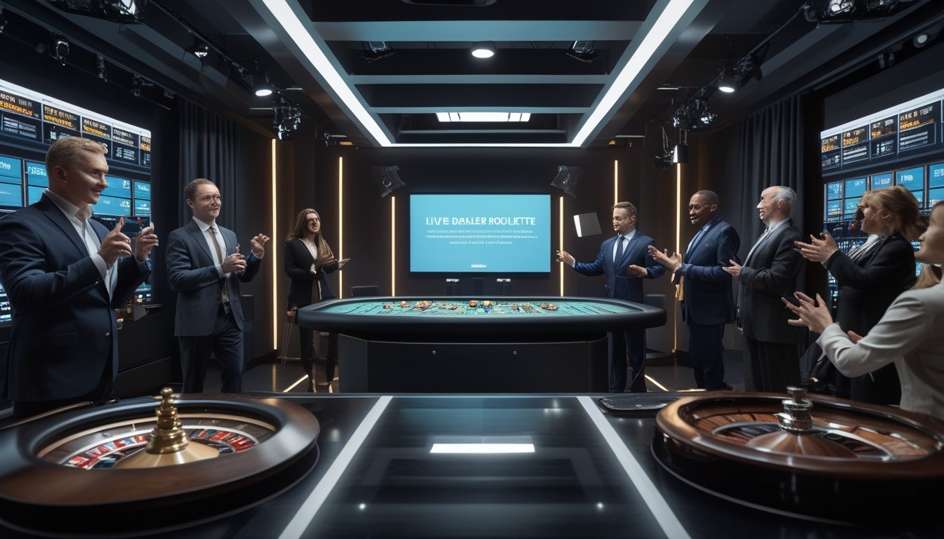 Studio roulette live streaming modern dengan dealer profesional, kamera siaran, dan penonton yang berinteraksi secara langsung.