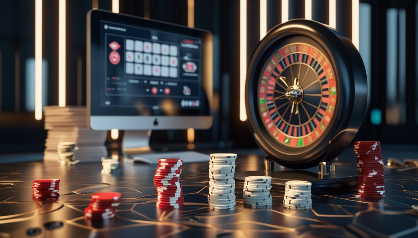 Meja roulette modern dengan roda roulette, keping taruhan, dan layar digital tanpa tulisan.