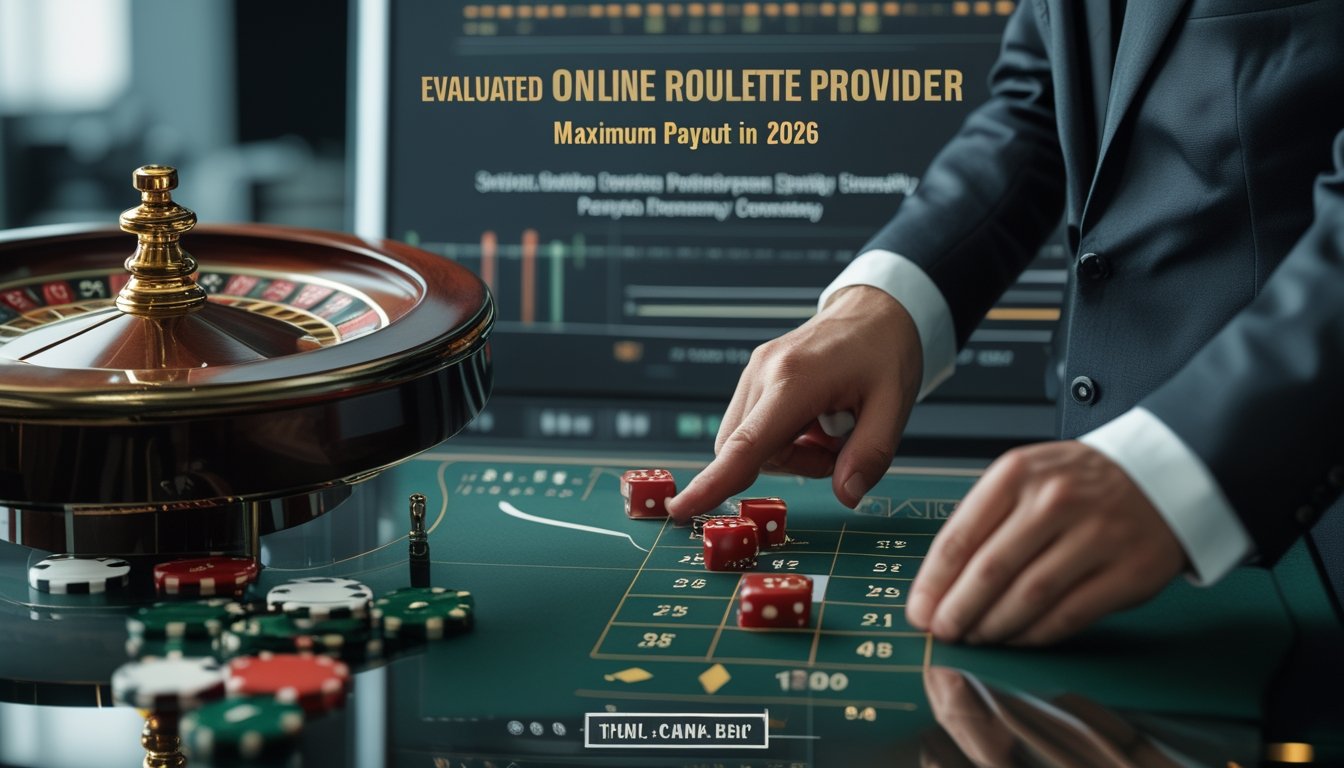 Analis memeriksa data payout di tablet di samping meja roulette modern.