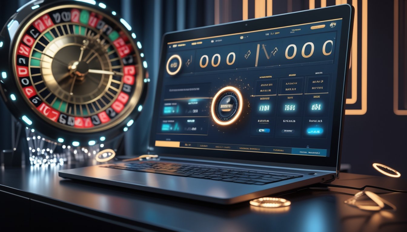Meja roulette online modern dengan roda roulette, efek kilat bercahaya, dan indikator pengganda visual pada layar komputer.