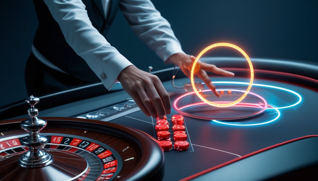 Meja roulette modern dengan roda berputar, efek kilatan cahaya, dan indikator pengganda abstrak.