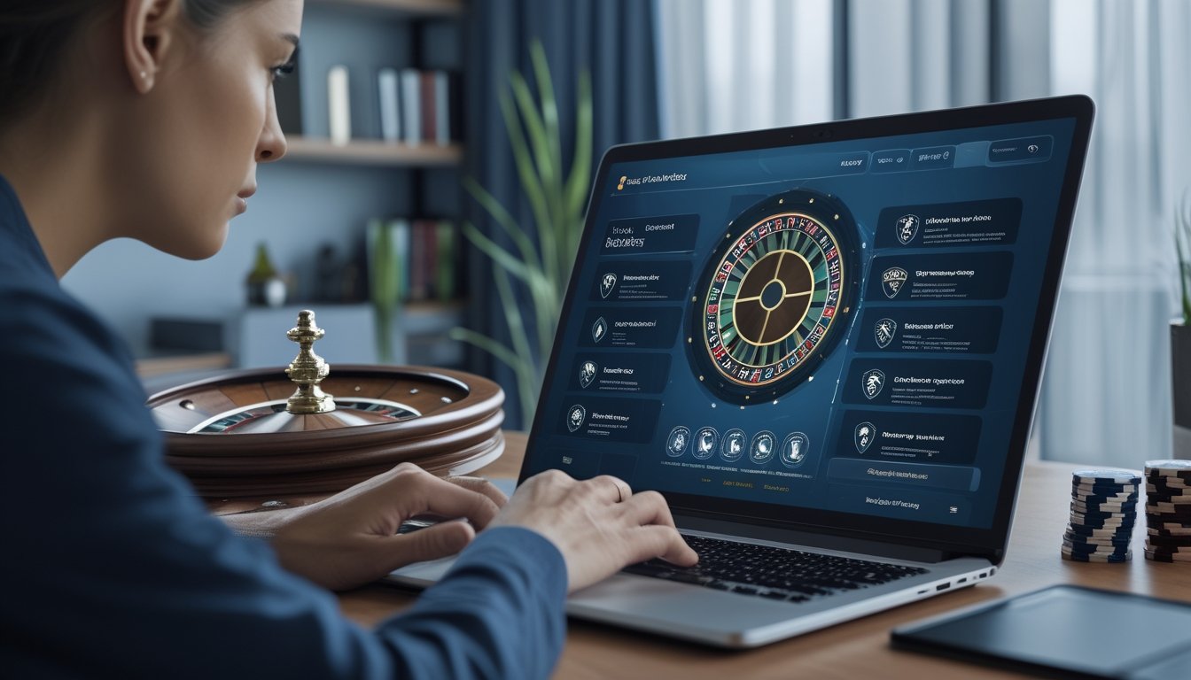 Seseorang memeriksa platform roulette online dengan simbol keamanan di ruang kerja modern.