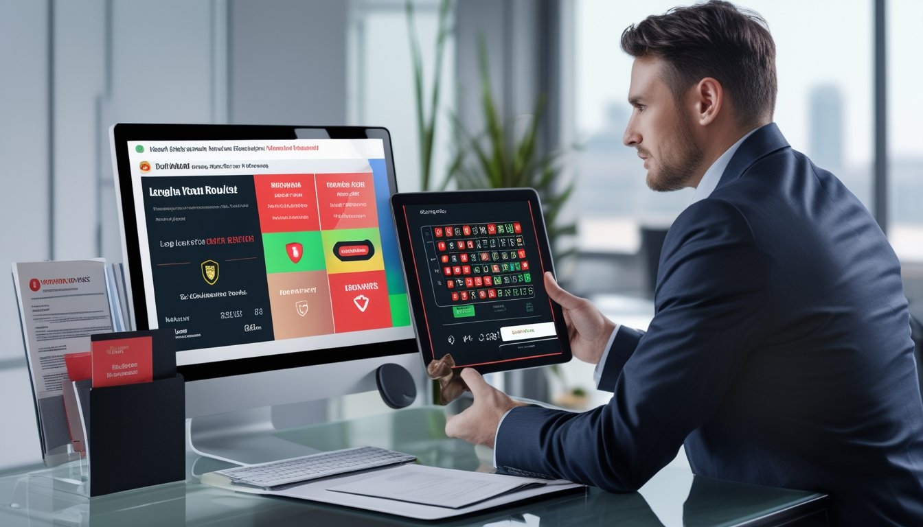 Seorang analis memeriksa laptop, dokumen legalitas, dan simbol keamanan di ruang kerja modern.