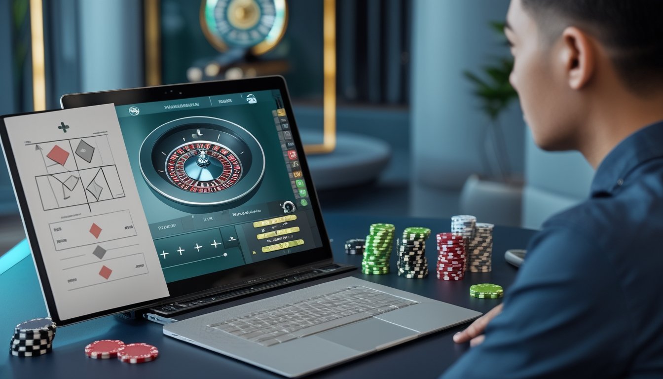 Seseorang menganalisis permainan roulette online dengan laptop, catatan perhitungan, dan beberapa keping kasino.