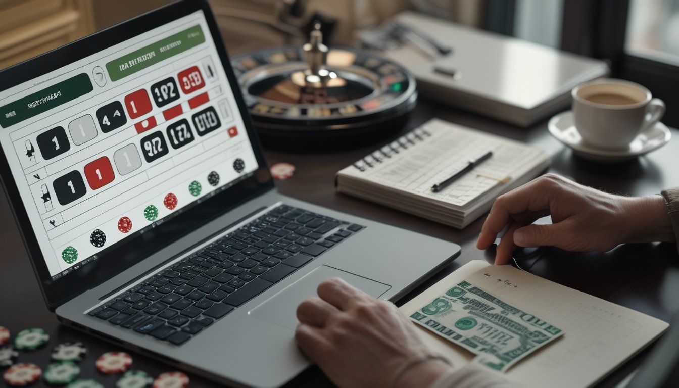 Laptop dengan roda roulette daring, keping taruhan tersusun bertahap, kalkulator, dan buku catatan kosong di atas meja.