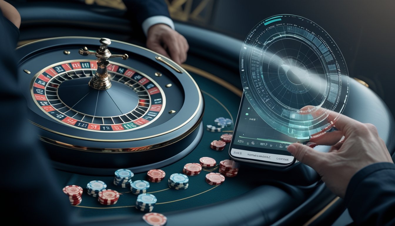 Roda roulette modern dengan keping kasino dan tampilan analisis digital abstrak di sekitarnya.