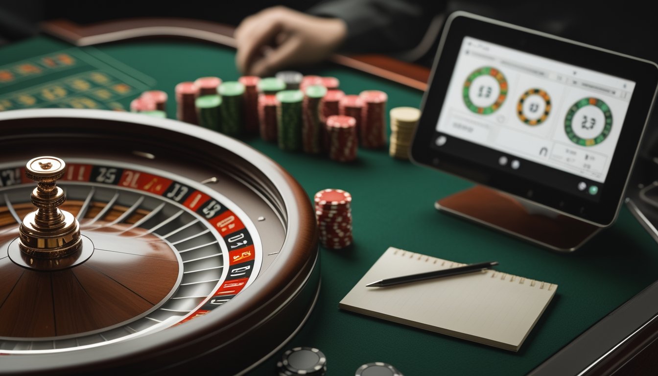 Roda roulette berputar di samping layar komputer dengan grafik analisis, keping kasino, dan buku catatan kosong.